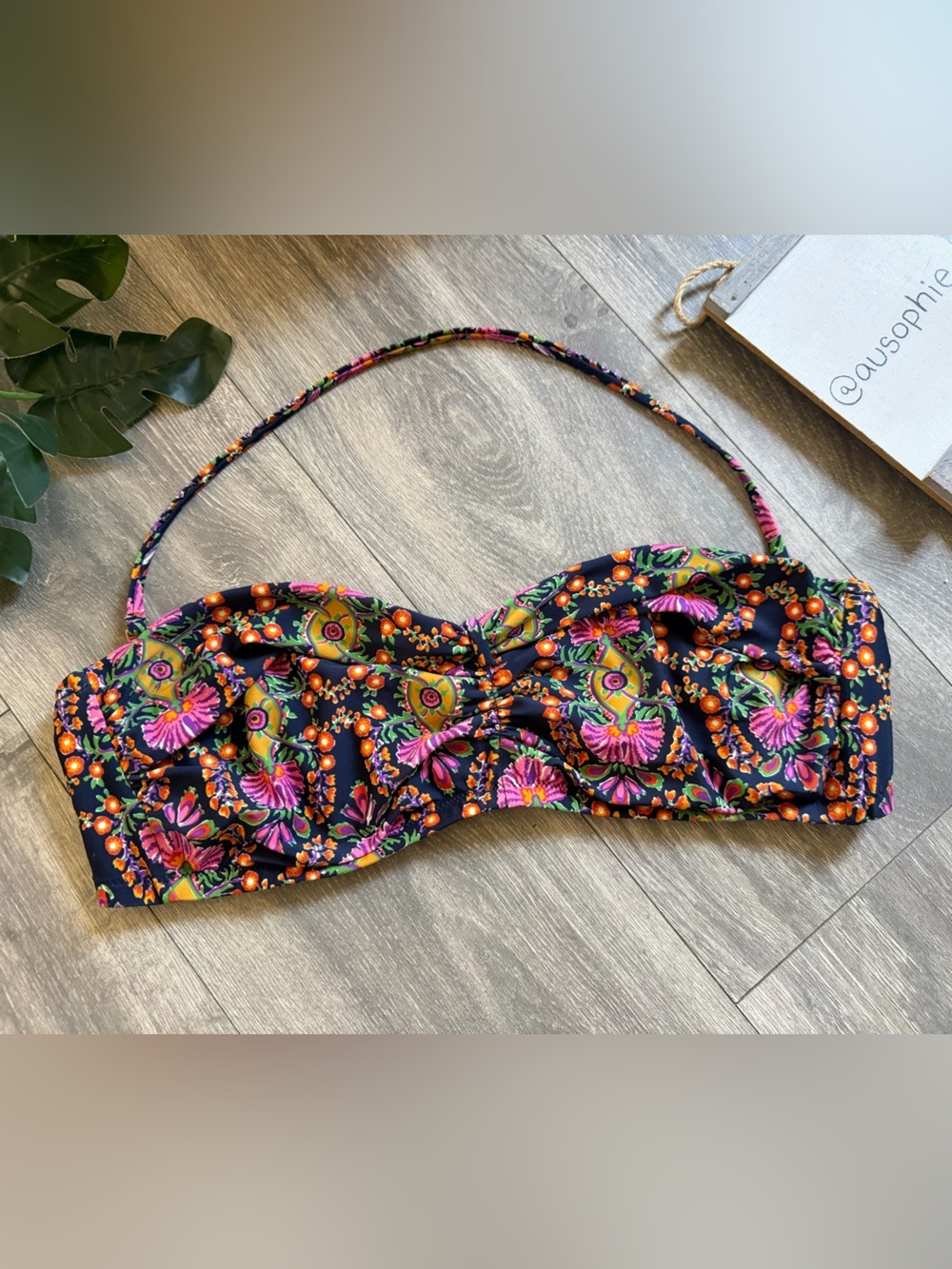 J Crew Bohemian Multicolor Floral Bandeau Bikini Top w Halter Strap. Size L